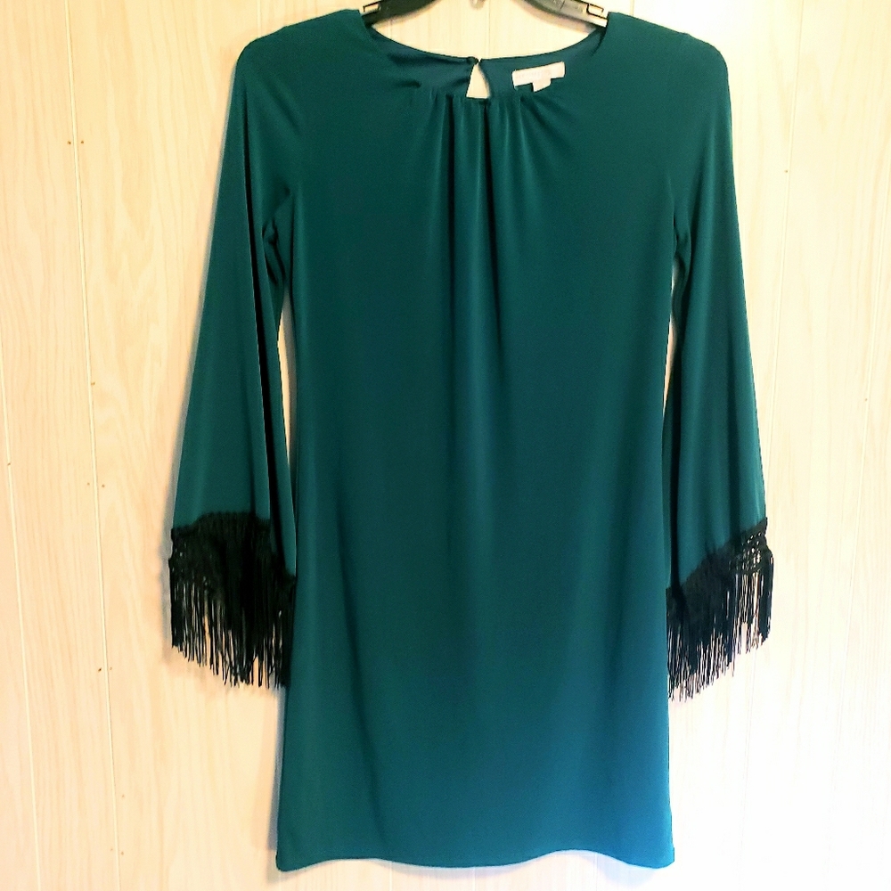 New York & Company Green Bell Sleeve Fringe Dress
